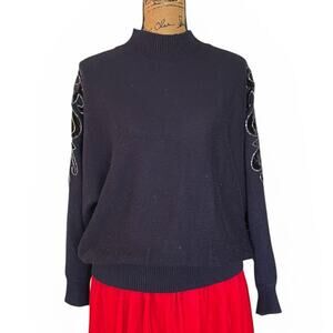 Vintage 80s RUSS Black Acrylic Dolman Sleeve Velvet Sequin Sweater Women's L